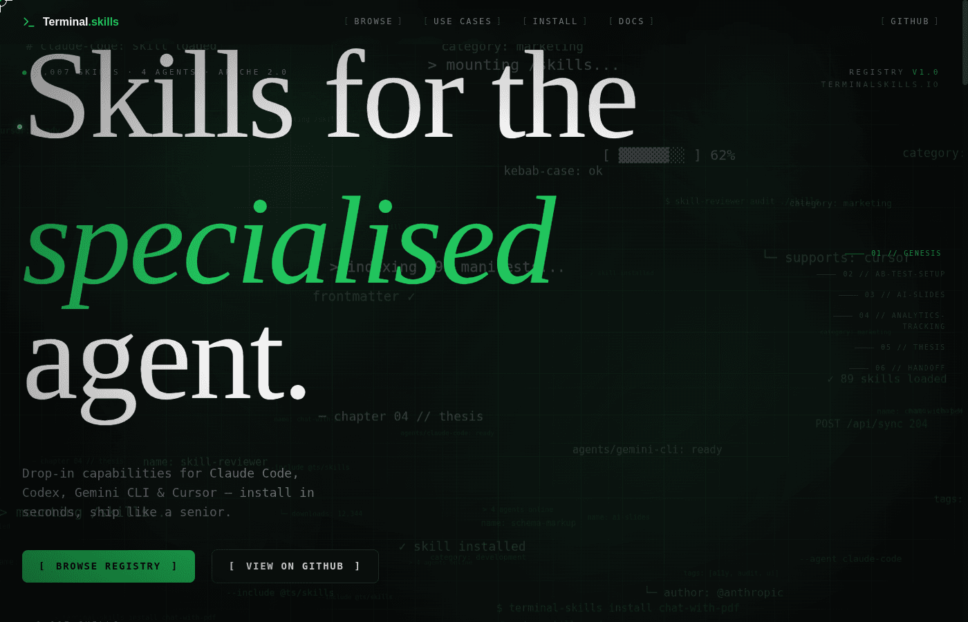Terminal Skills landing page with "Skills for the specialised agent" headline
