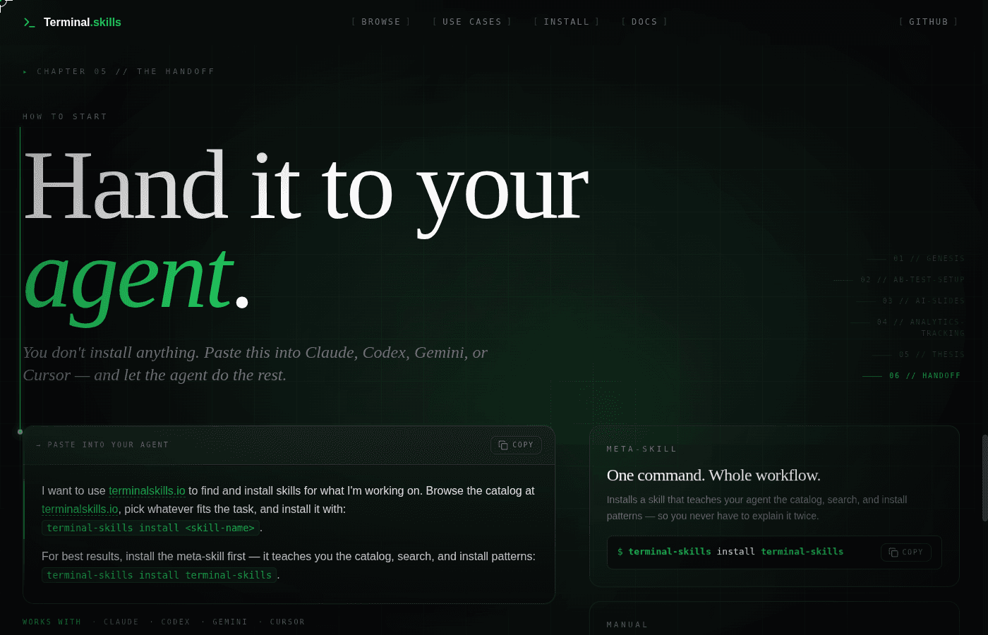Install section showing one-command install via meta-skill and CLI patterns