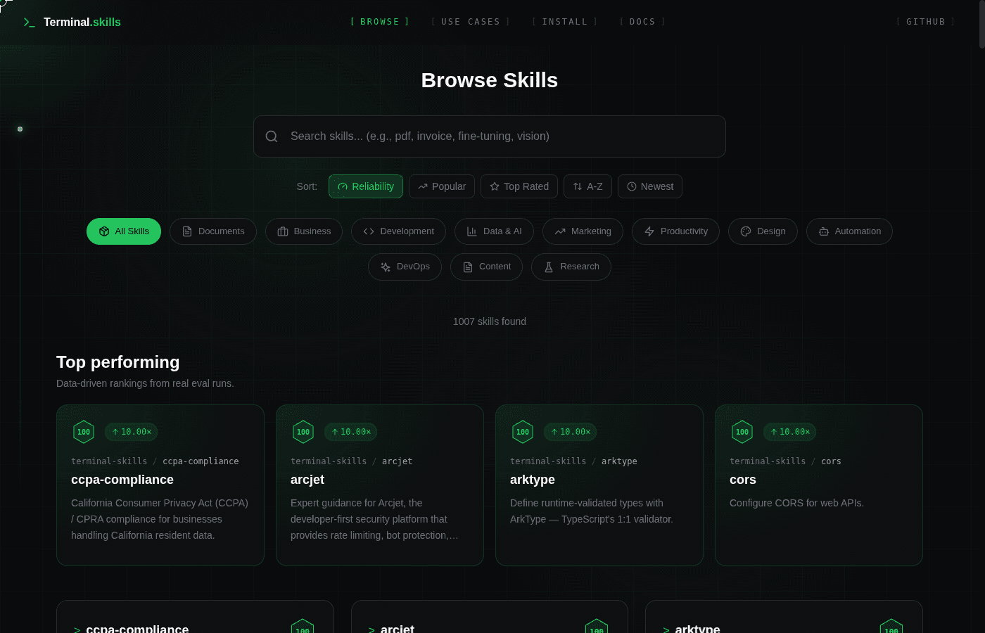 Terminal Skills registry browse page with search, category filters, and top-performing skills