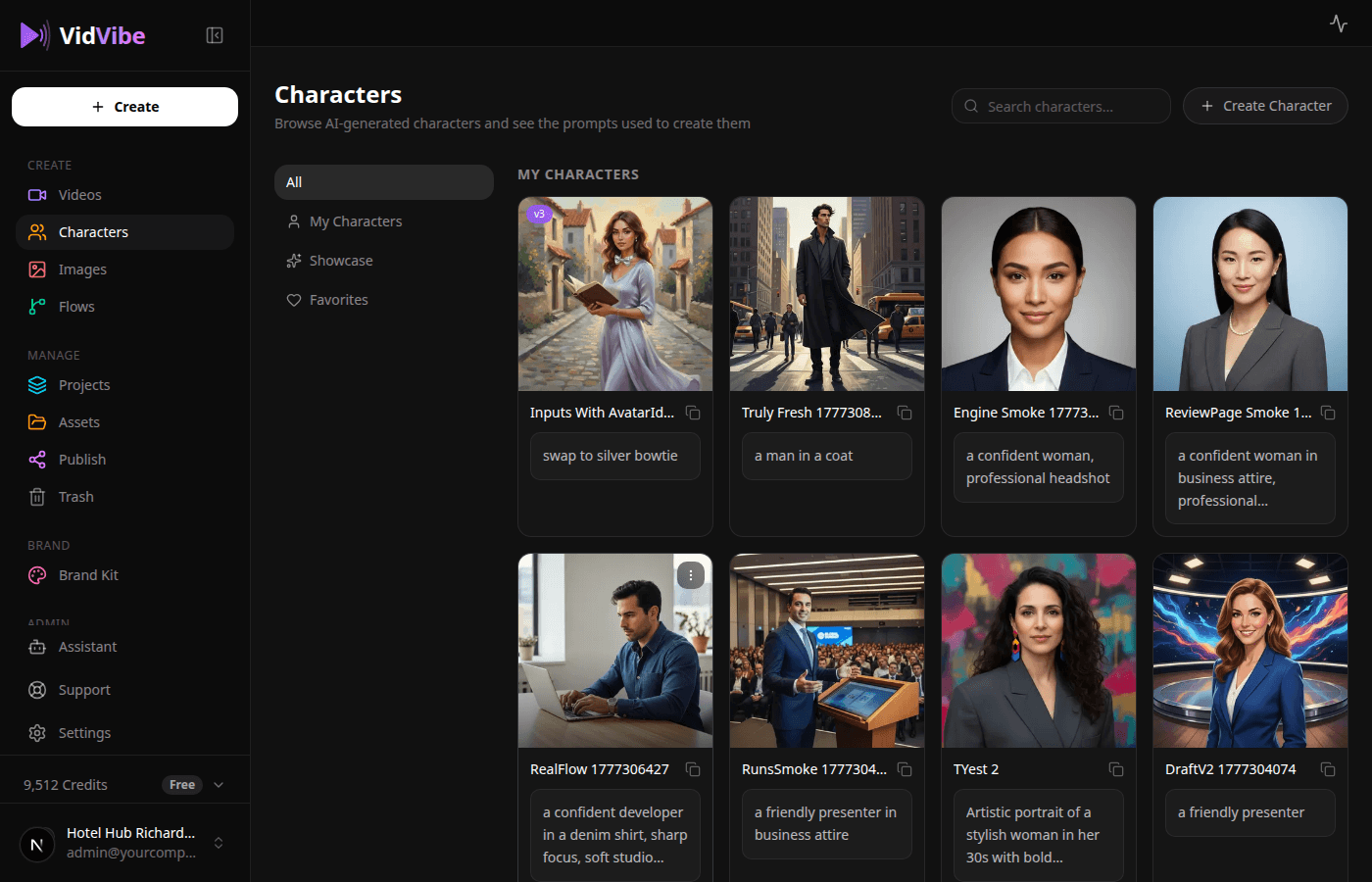 VidVibe characters library with AI spokesperson avatars