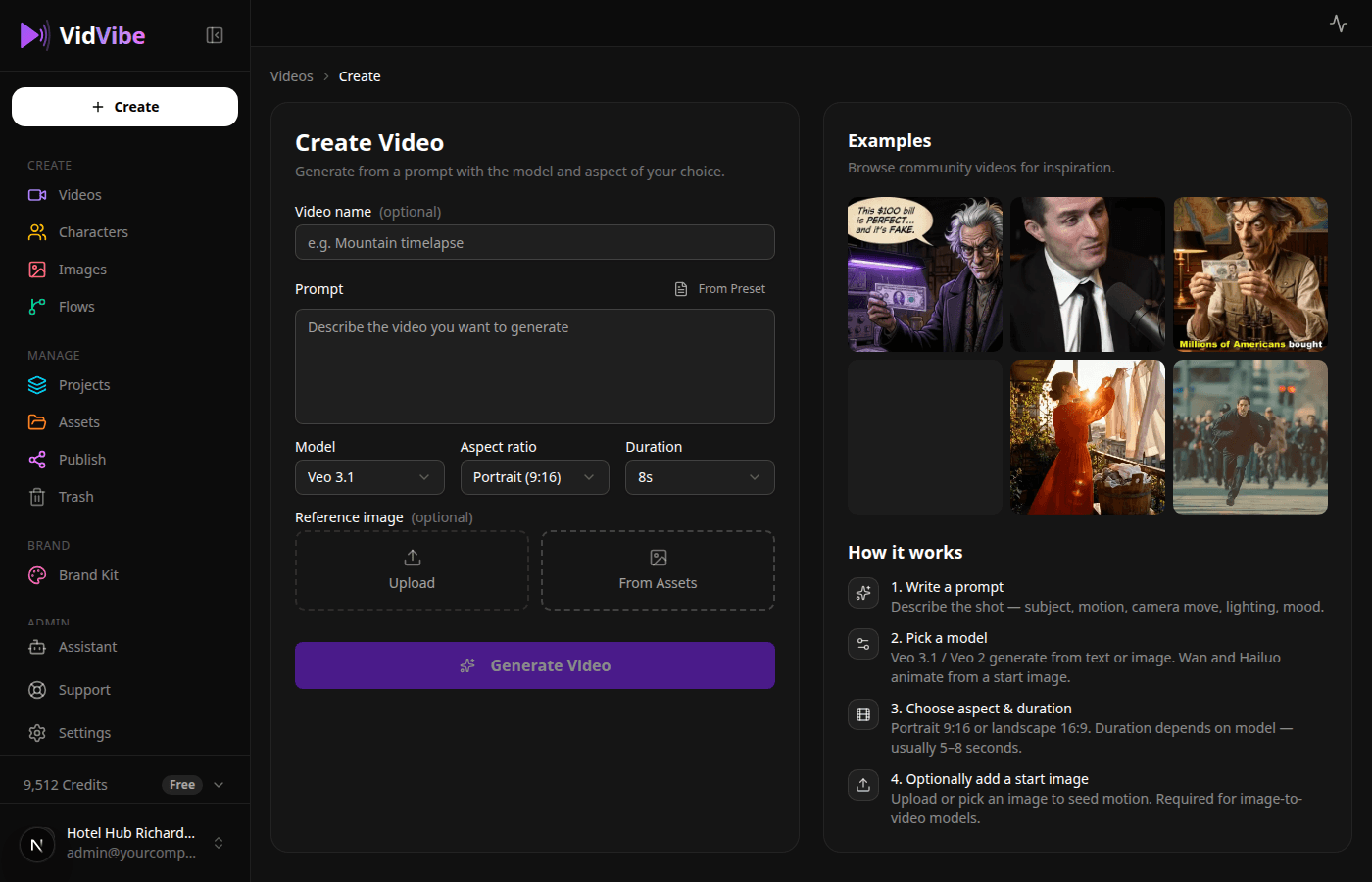 VidVibe video creation page with prompt, model picker, aspect ratio, and duration
