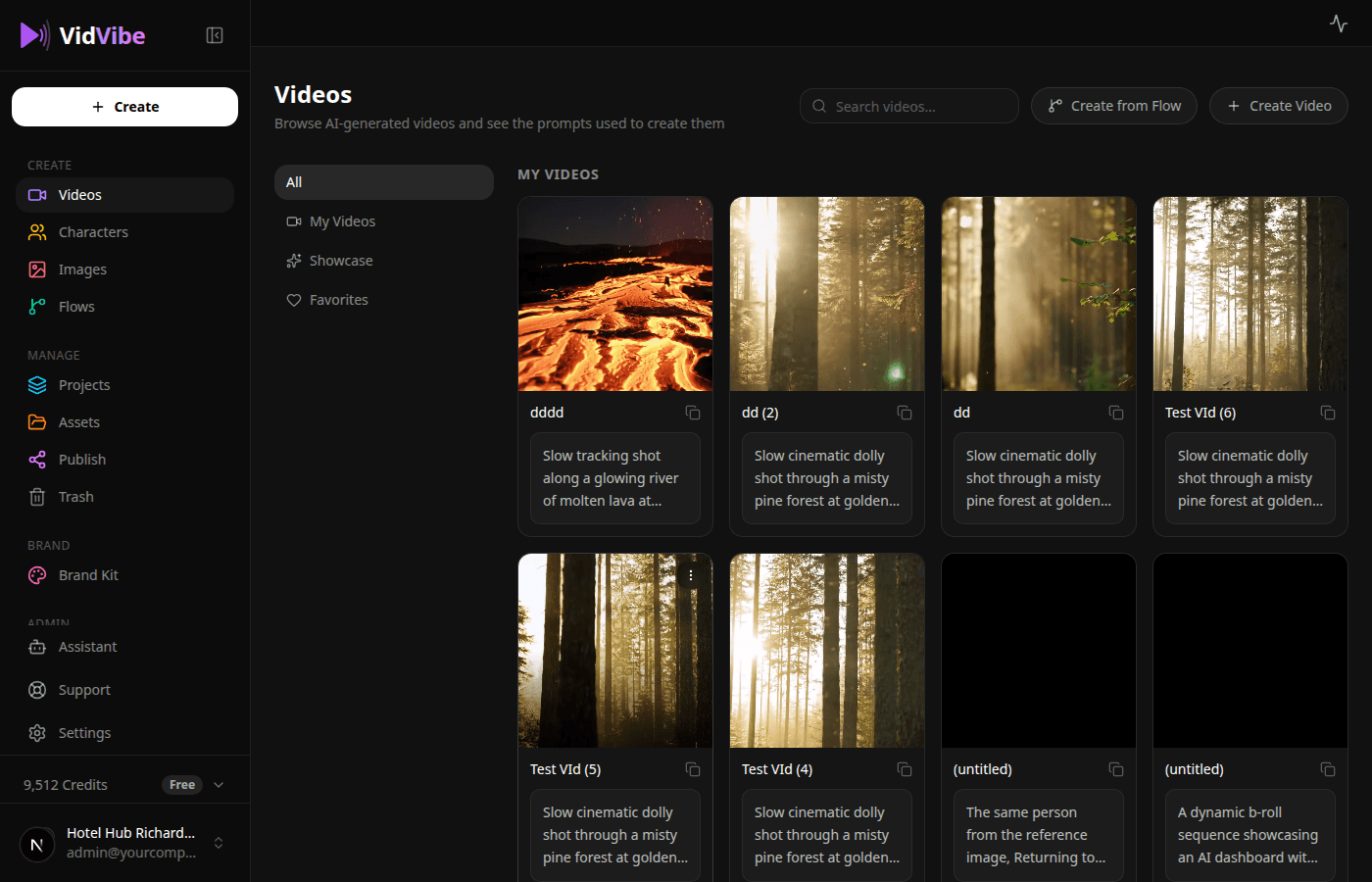 VidVibe video library with All, My Videos, Showcase, and Favorites tabs